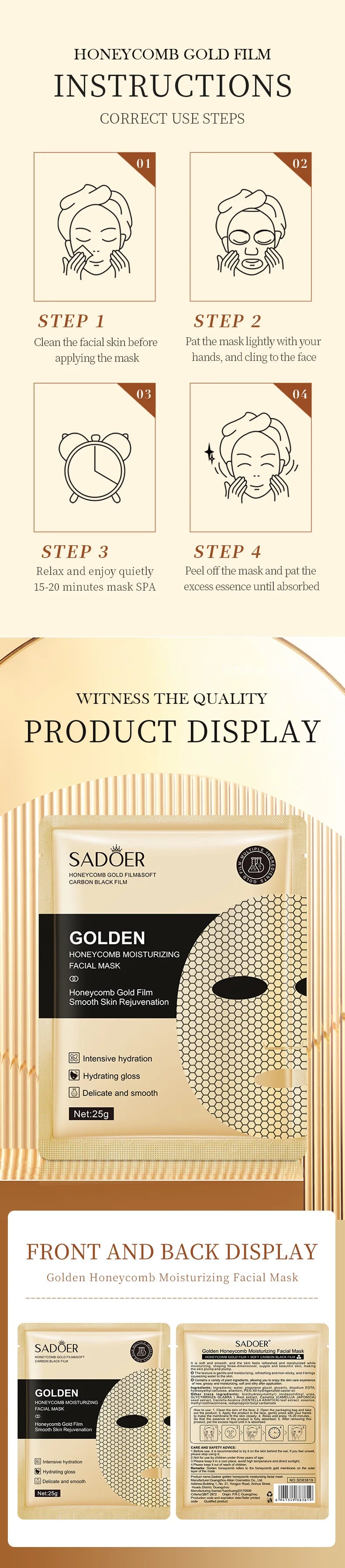 10pcs SADOER 24K Golden Face Mask Moisturizing Face skincare Anti Wrinkle Nourishing Rejuvenation Facial Masks Skin Care